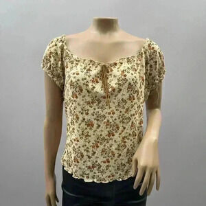 Babydoll Shirt Size L Floral Puff Sleeve Beige Tunic Y2K Cottage